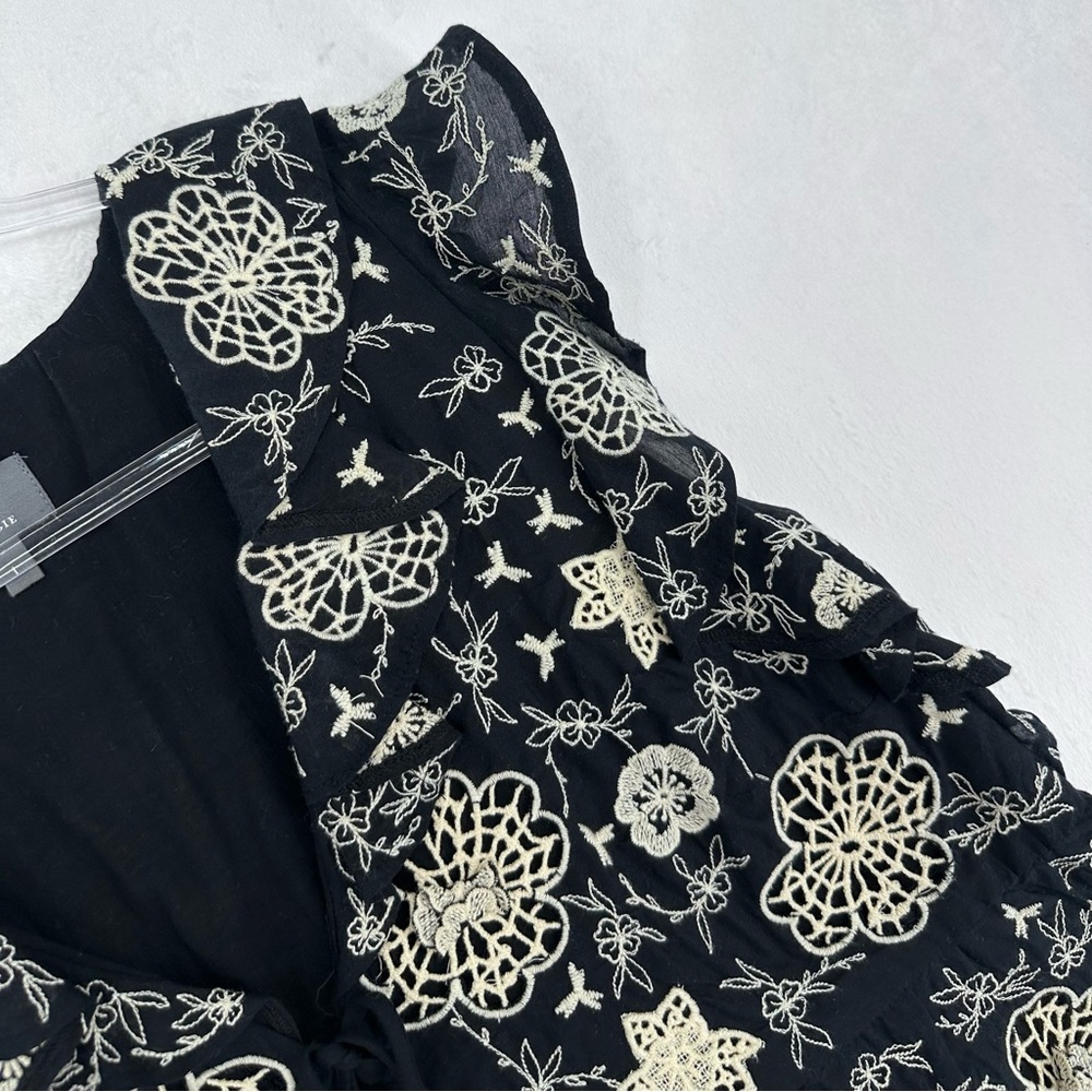 Anthropologie Embroidered Ruffle Crop Top Women’s Size Large Black Cream Floral - Picture 6 of 12